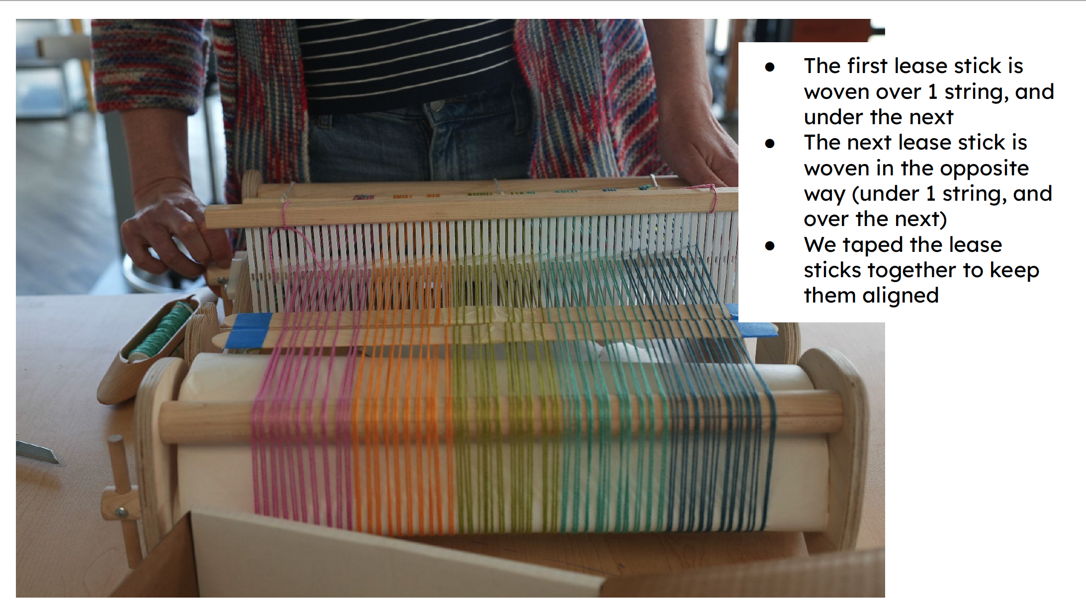 an image showing the back of the loom with the lease sticks holding an order before the ends travel through the heddles